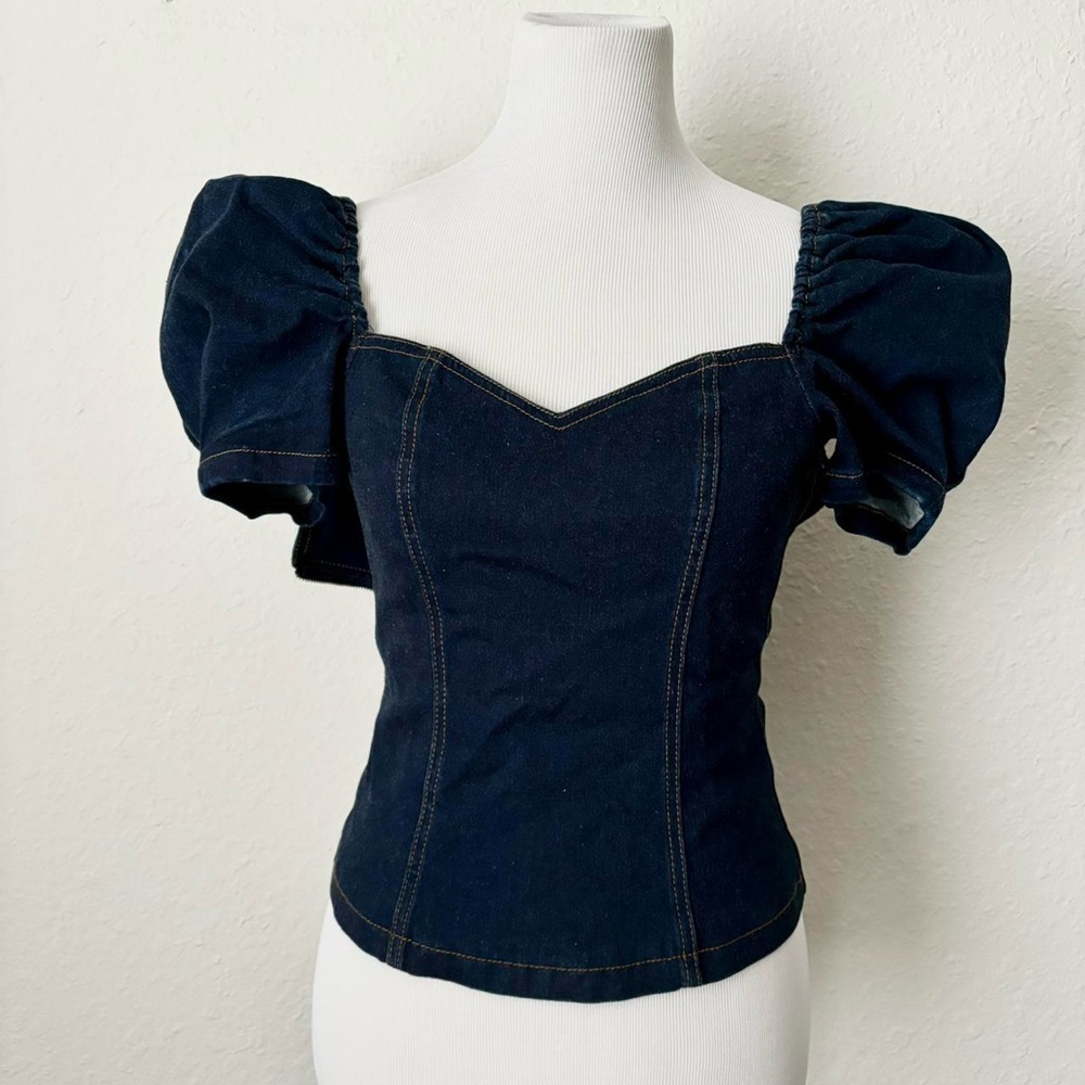 Lovers and Friends Denim Sweetheart Puff Sleeve Top Sz S